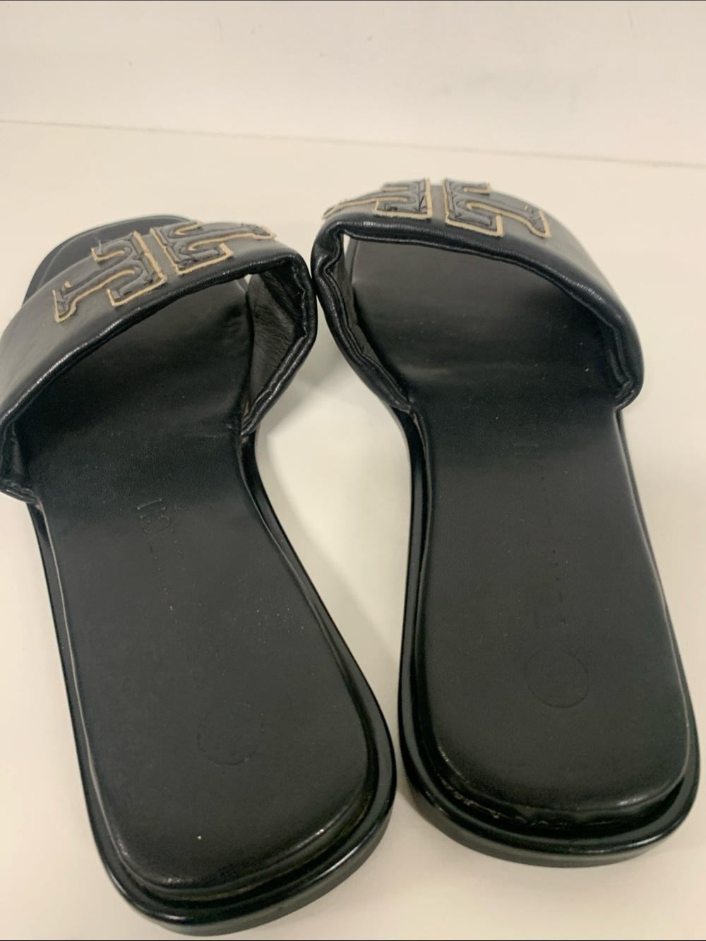 Tory Burch Black Slides with Gold Logo - Picture 4 of 6